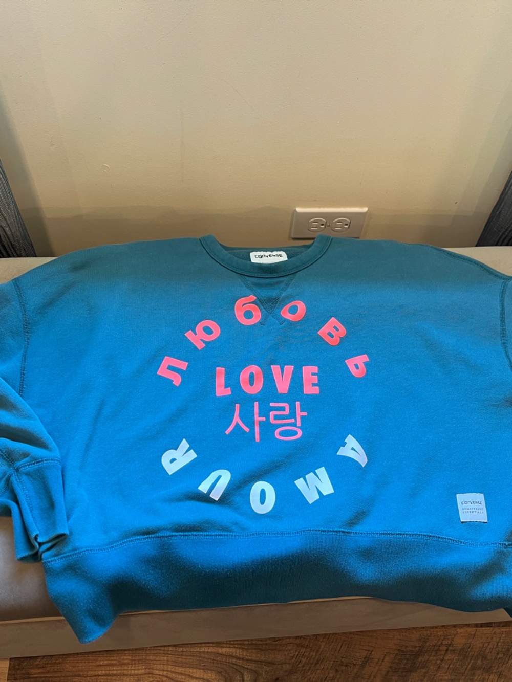 Converse Teal Crewneck Sweatshirt with LOVE Graphic in 4 languages